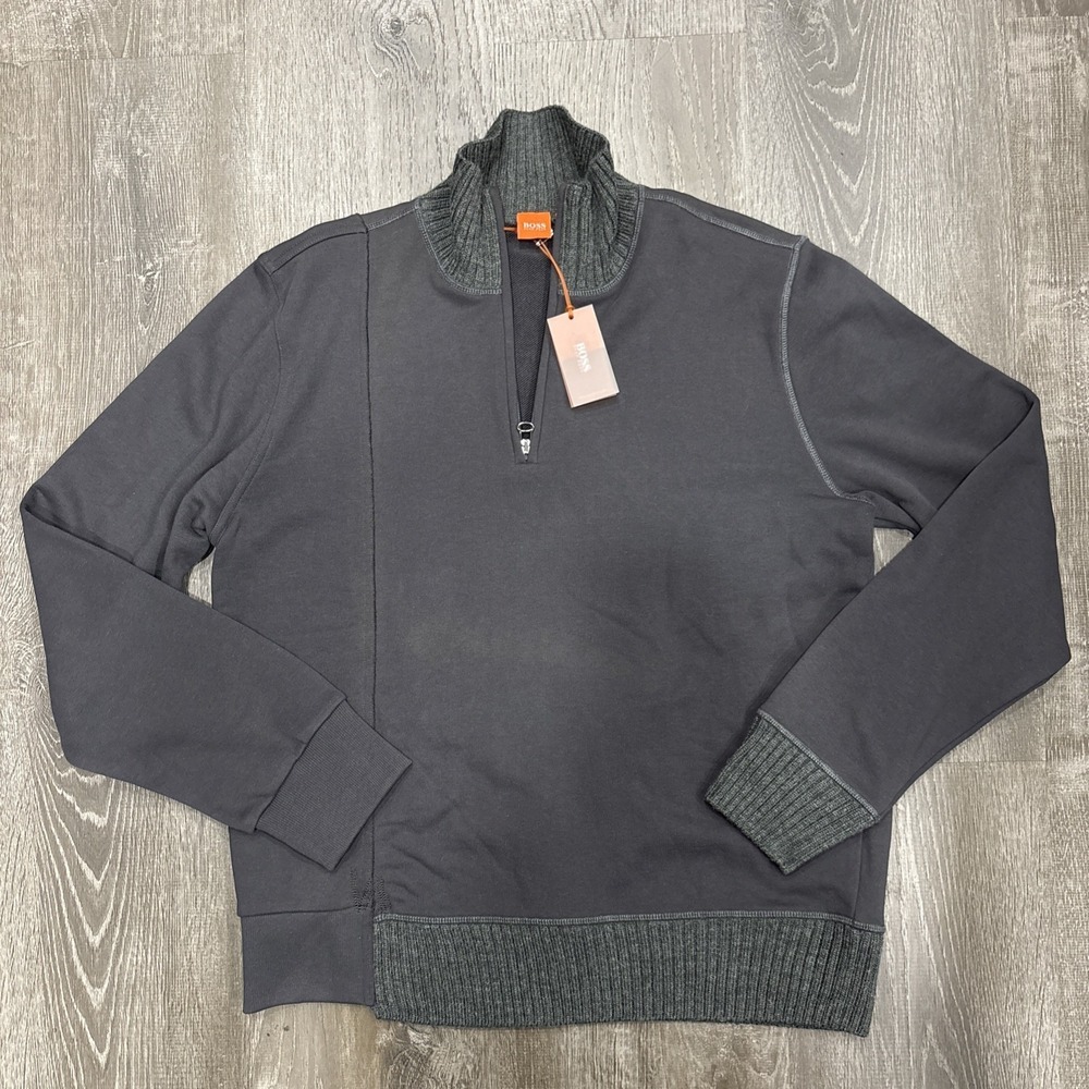 NWT Boss Hugo 1/4 Zip Sweater Wool Trim Men's Size X Large XL Gray Pullover